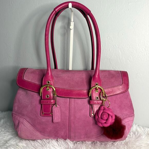 y2k COACH Vintage 2004 Pink Hampton Suede SOHO Flap Satchel - Picture 1 of 11